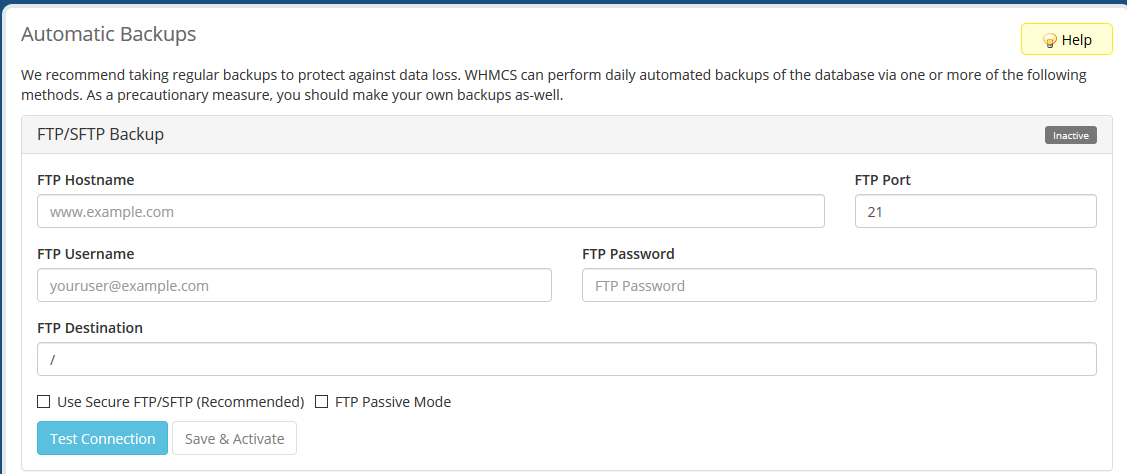 FTP Backups in WHMCS