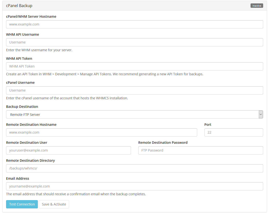 cPanel Backups in WHMCS